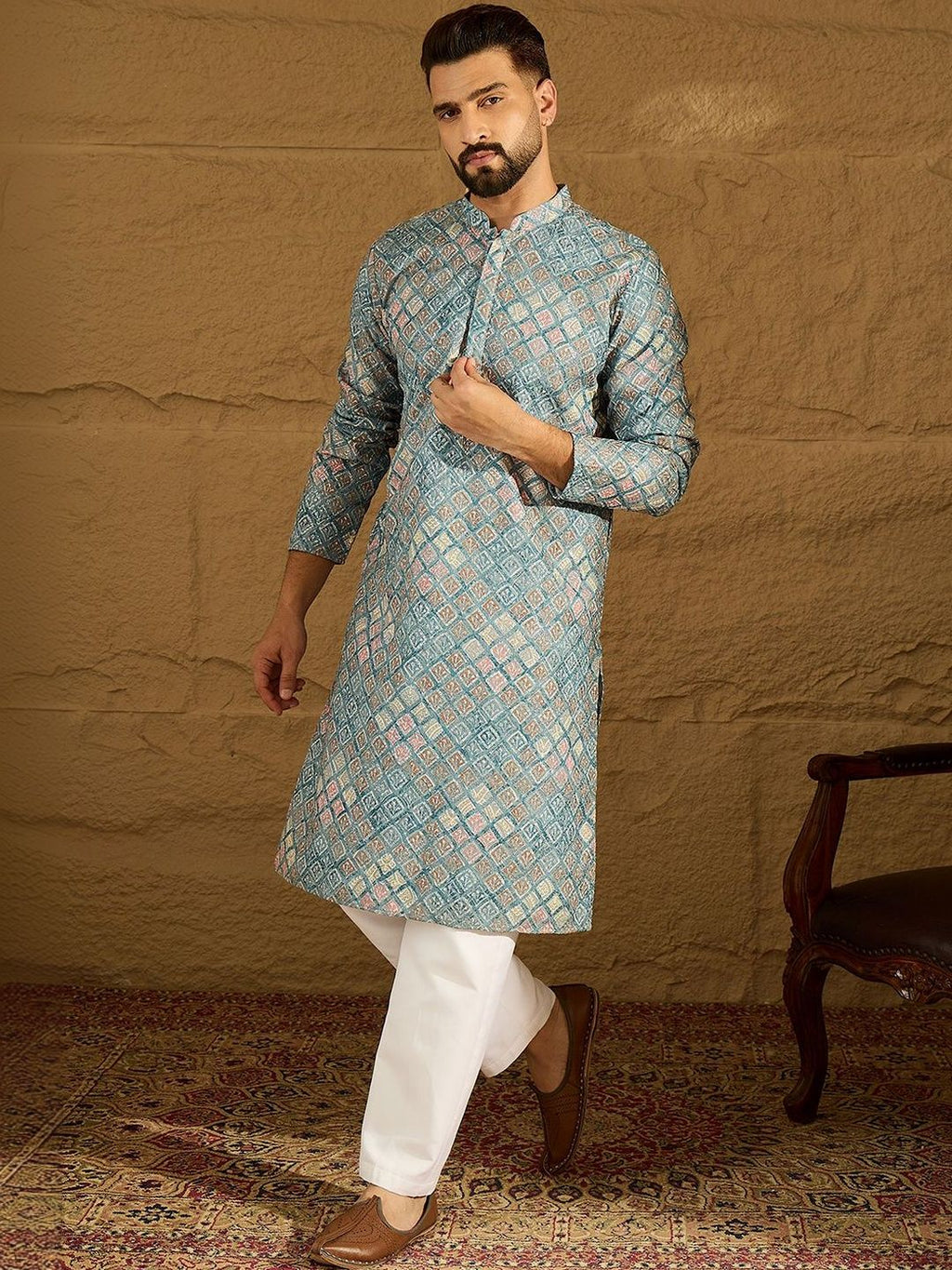 Men Blue Viscose Rayon Solid Embroidered Straight Kurta With Pant Set-MKSET1391