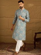 Men Blue Viscose Rayon Solid Embroidered Straight Kurta With Pant Set-MKSET1391