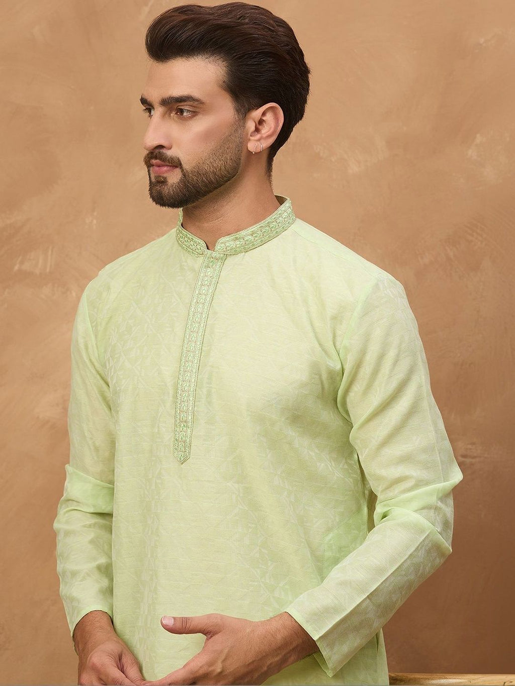 Men Green Silk Blend Solid Embroidered Straight Kurta With Pant Set-MKSET1451
