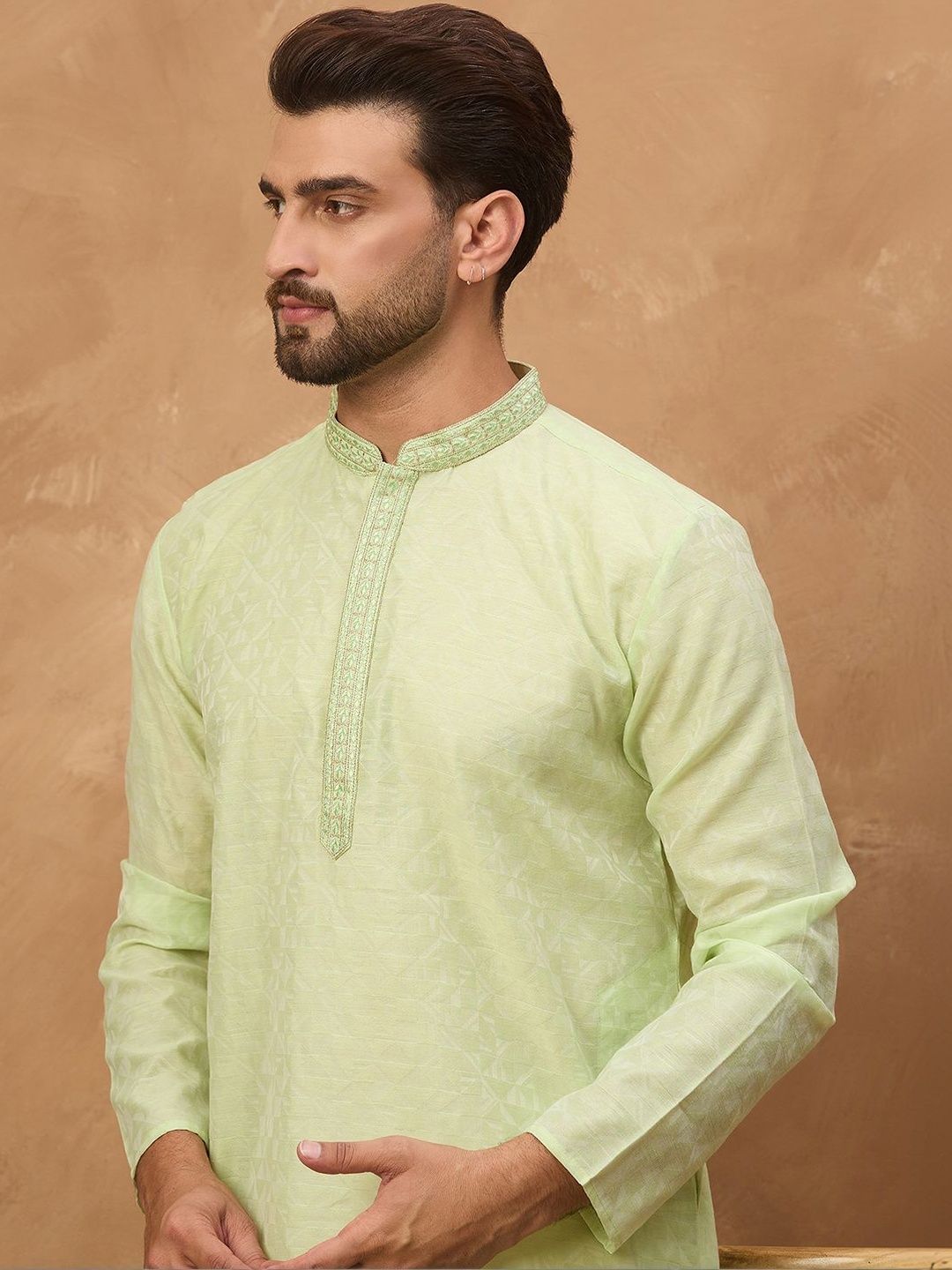Men Green Silk Blend Solid Embroidered Straight Kurta With Pant Set-MKSET1451