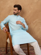 Men Blue Silk Blend Solid Embroidered Straight Kurta With Pant Set-MKSET1452