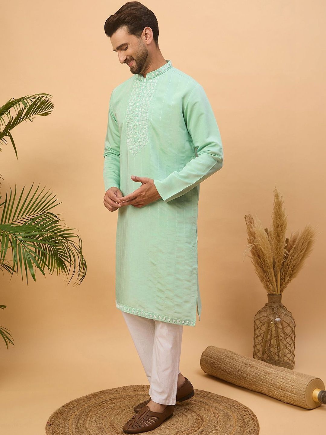 Men Blue Silk Blend Solid Embroidered Straight Kurta With Pant Set-MKSET1508