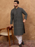 Men Black Silk Blend Geometric Printed Straight Kurta With Pant Set-MKSET1523