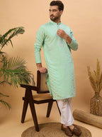 Men Blue Silk Blend Solid Embroidered Straight Kurta With Pant Set-MKSET1508