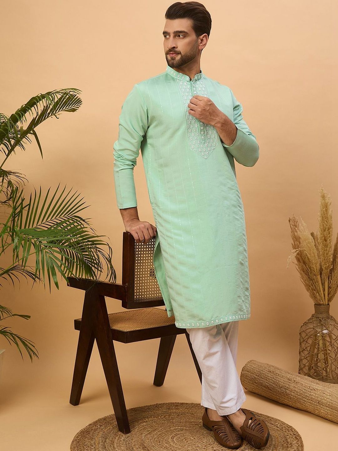 Men Blue Silk Blend Solid Embroidered Straight Kurta With Pant Set-MKSET1508