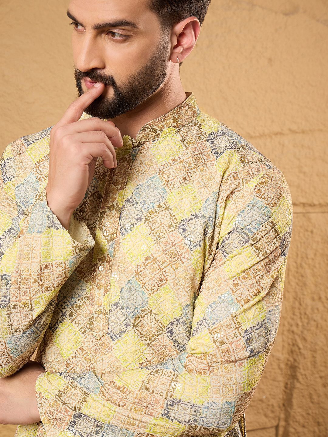 Men Yellow Viscose Rayon Bandhani Embroidered Straight Kurta With Pant Set-MKSET1192