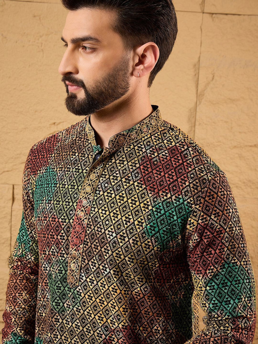 Mens Multi Viscose Rayon Geometric Embroidered Chikankari Straight Kurta With Pant Set-MKSET1180