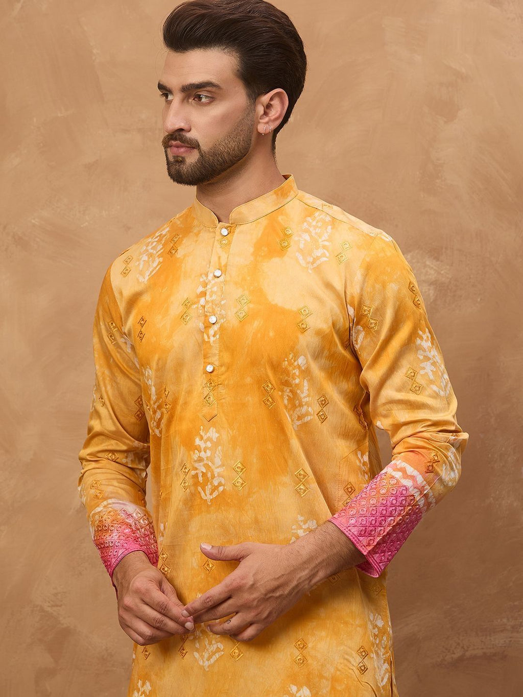 Men Yellow Silk Blend Batik Embroidered Straight Kurta With Pant Set-MKSET1513