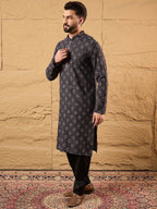 Mens Grey Viscose Rayon Ethnic Motifs Embroidered Chikankari Straight Kurta With Pant Set-MKSET1165