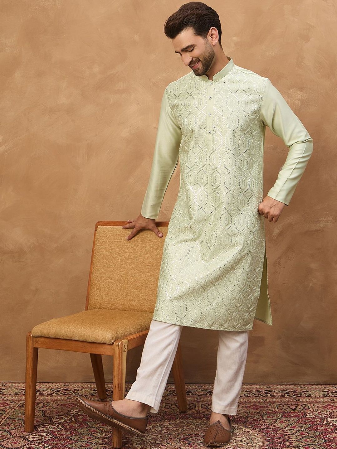 Men Peach Silk Blend Solid Embroidered Straight Kurta With Pant Set-MKSET1445