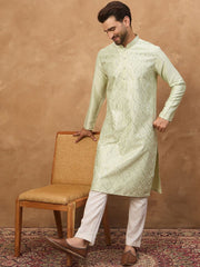 Men Peach Silk Blend Solid Embroidered Straight Kurta With Pant Set-MKSET1445