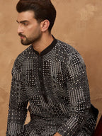 Men Black Silk Blend Geometric Printed Straight Kurta With Pant Set-MKSET1528