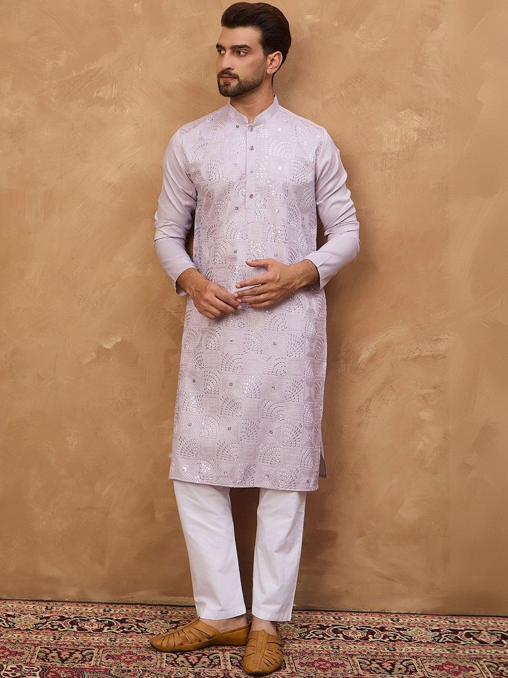 Men Lavender Silk Blend Solid Embroidered Straight Kurta With Pant Set-MKSET1443