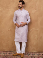 Men Lavender Silk Blend Solid Embroidered Straight Kurta With Pant Set-MKSET1443