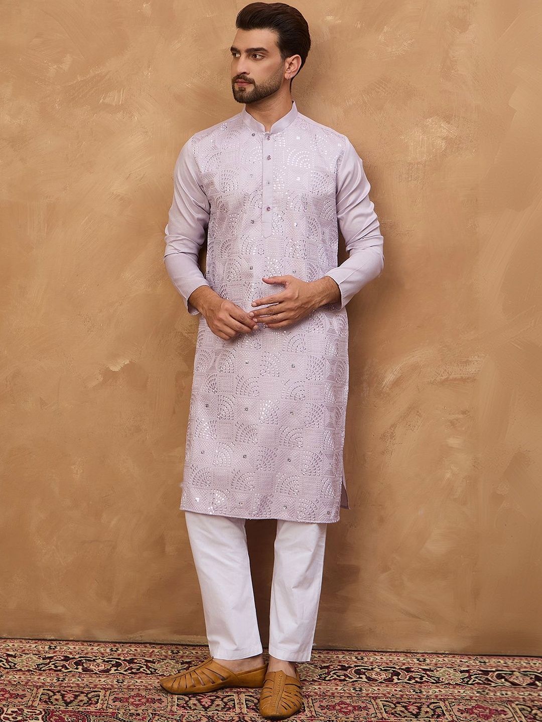 Men Lavender Silk Blend Solid Embroidered Straight Kurta With Pant Set-MKSET1443