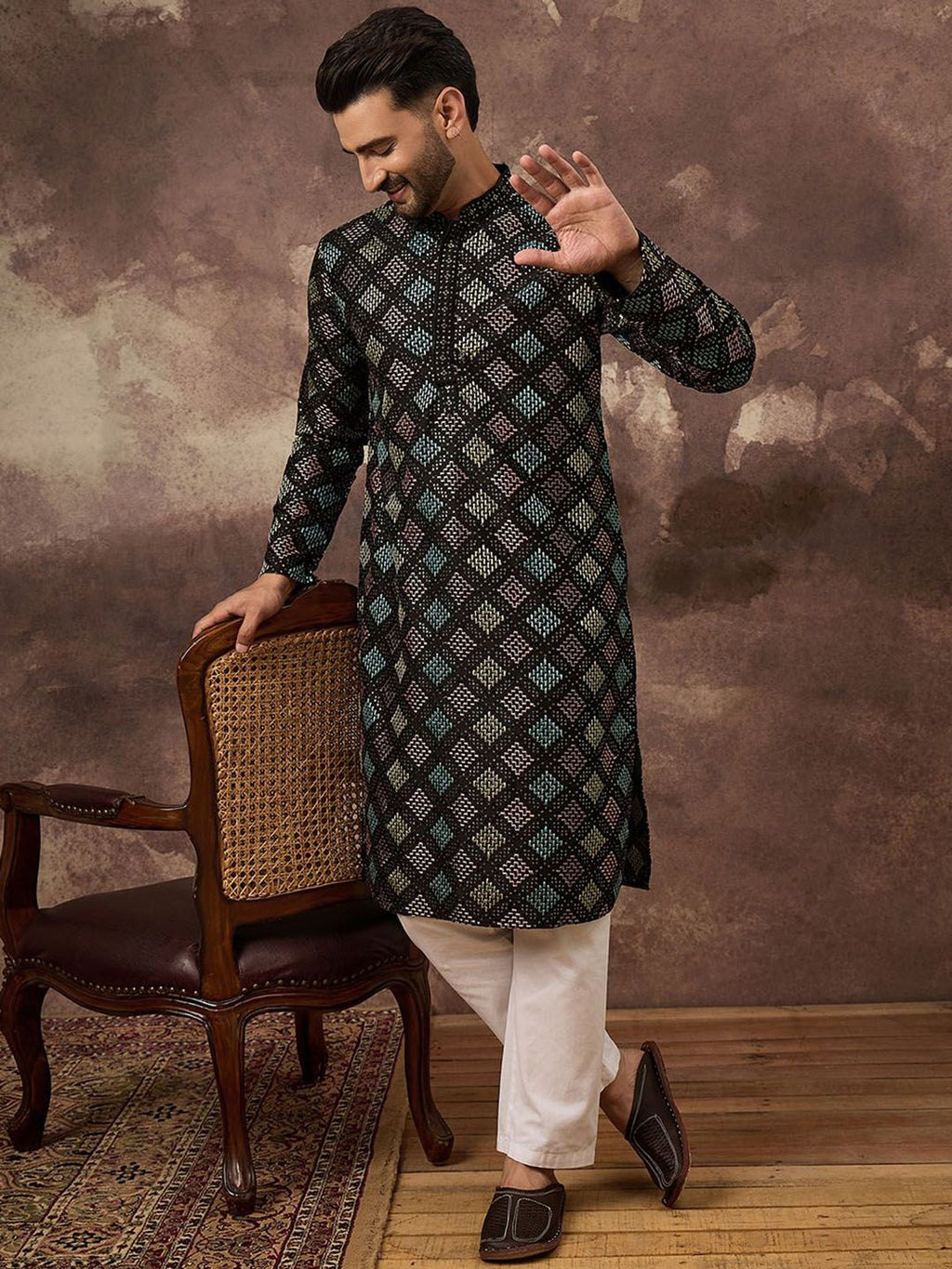 Men Black Silk Blend Solid Embroidered Straight Kurta With Pant Set-MKSET1384