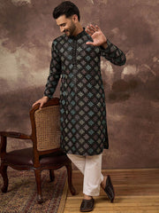 Men Black Silk Blend Solid Embroidered Straight Kurta With Pant Set-MKSET1384