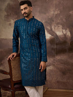Men Blue Silk Blend Solid Embroidered Straight Kurta With Pant Set-MKSET1358