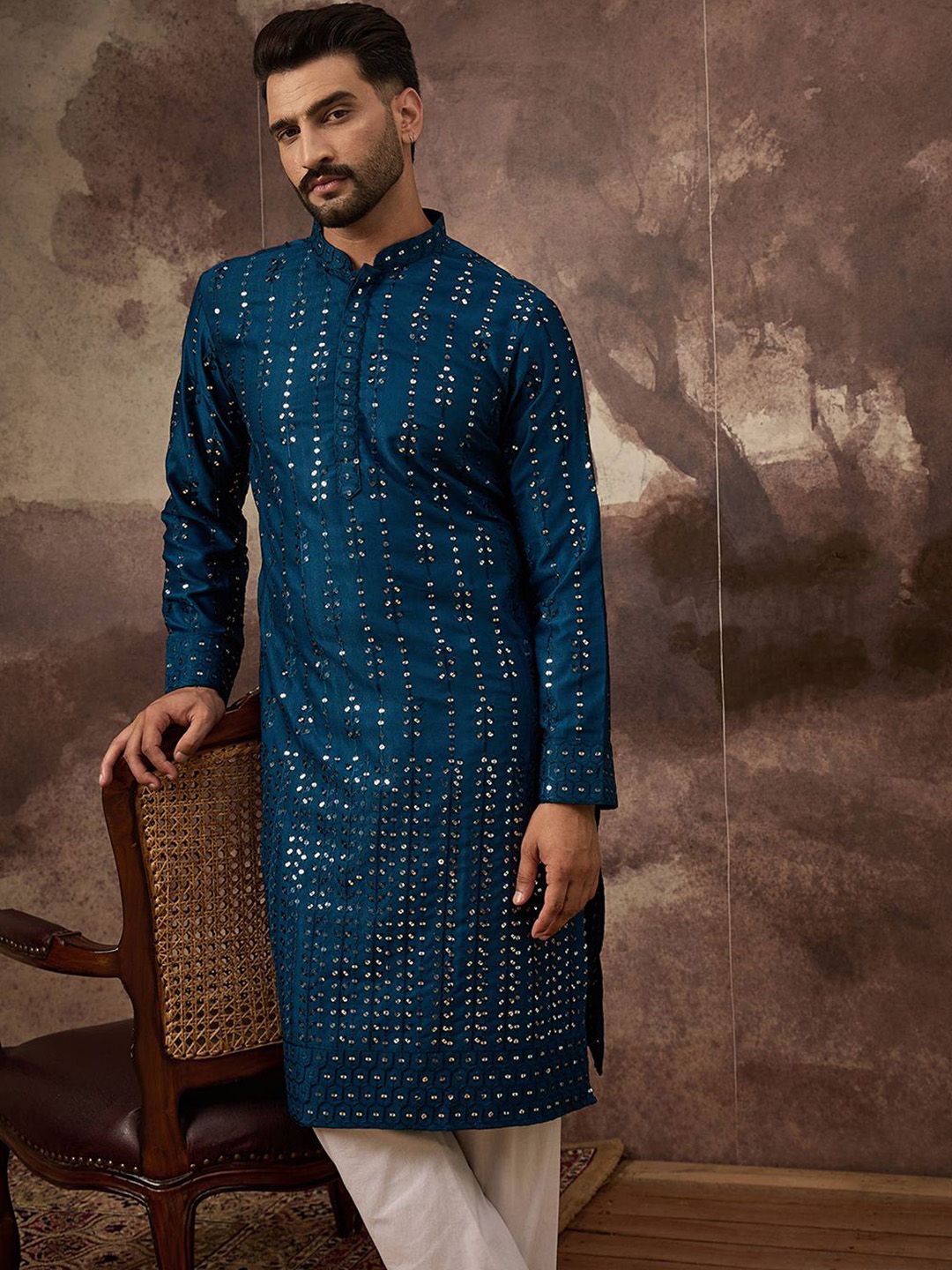 Men Blue Silk Blend Solid Embroidered Straight Kurta With Pant Set-MKSET1358