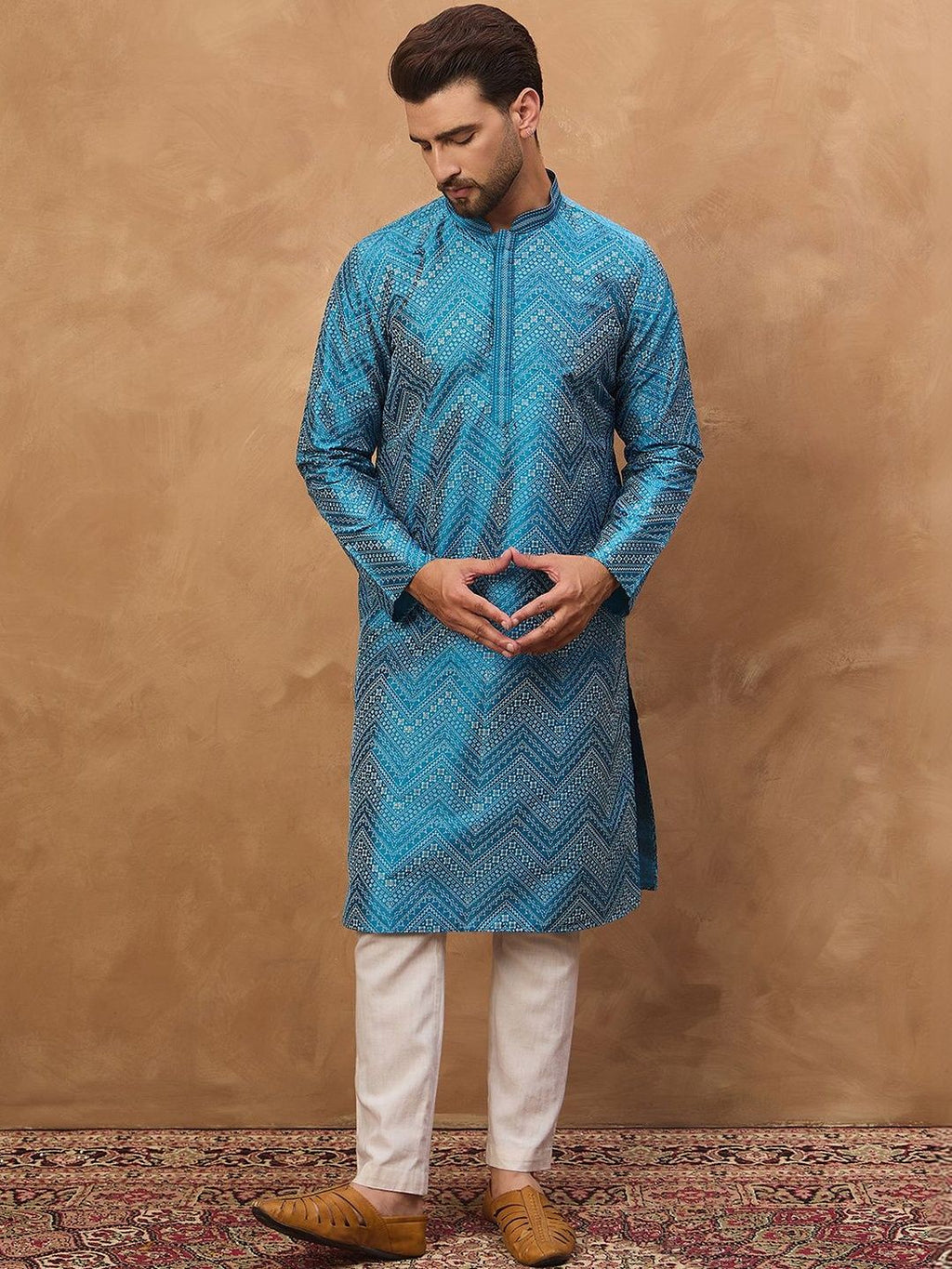 Men Blue Silk Blend Geometric Printed Straight Kurta With Pant Set-MKSET1531
