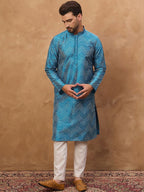 Men Blue Silk Blend Geometric Printed Straight Kurta With Pant Set-MKSET1531
