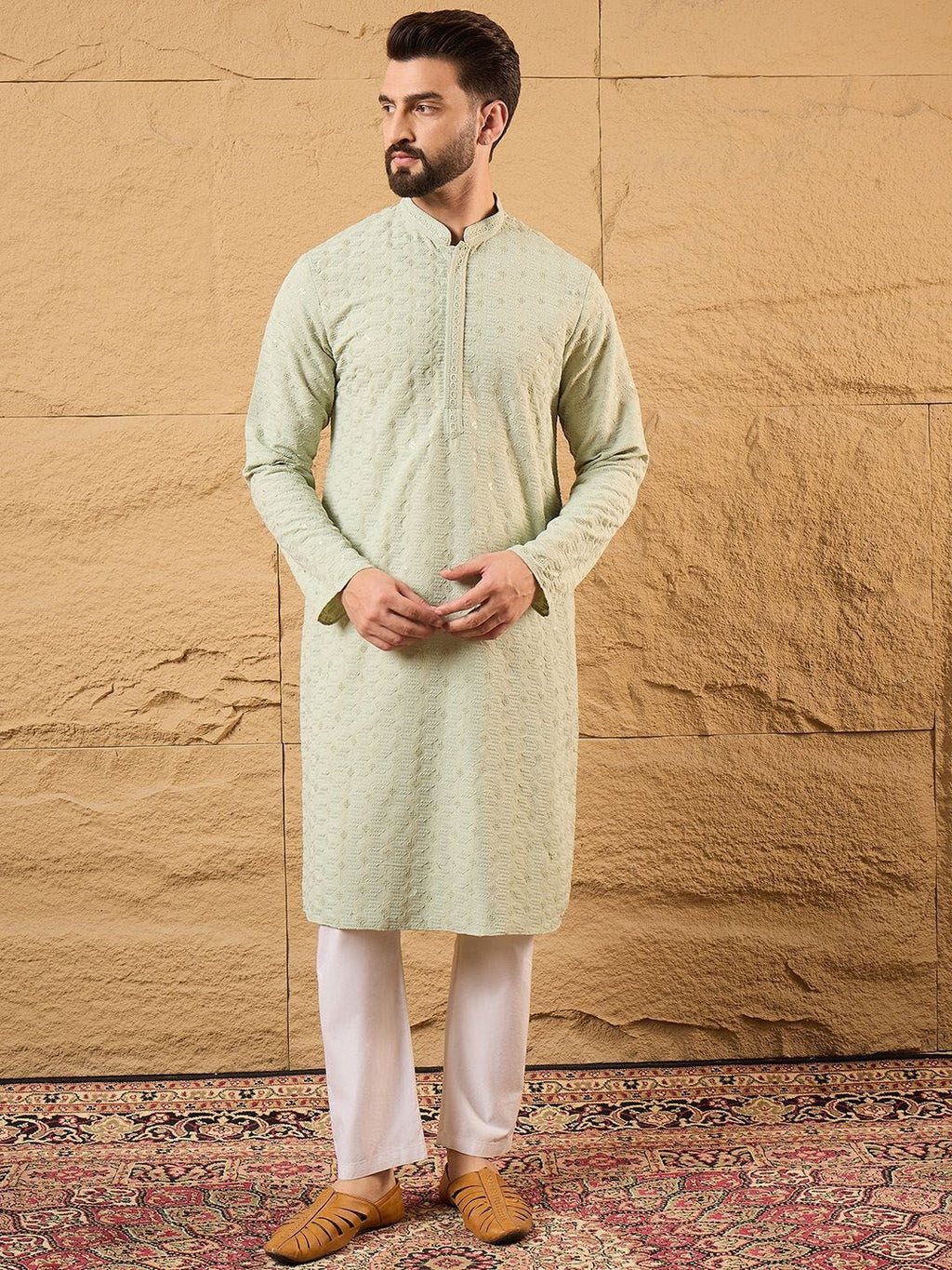 Men Green Rayon Blend Solid Embroidered Straight Kurta With Pant Set-MKSET1231