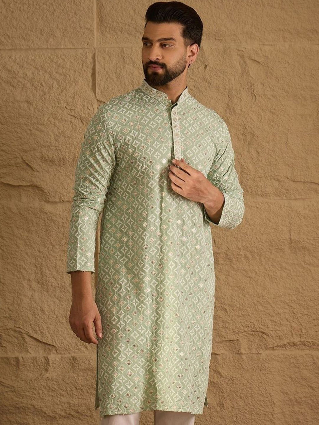 Men Green Viscose Rayon Solid Embroidered Straight Kurta With Pant Set-MKSET1238