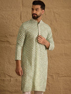 Men Green Viscose Rayon Solid Embroidered Straight Kurta With Pant Set-MKSET1238