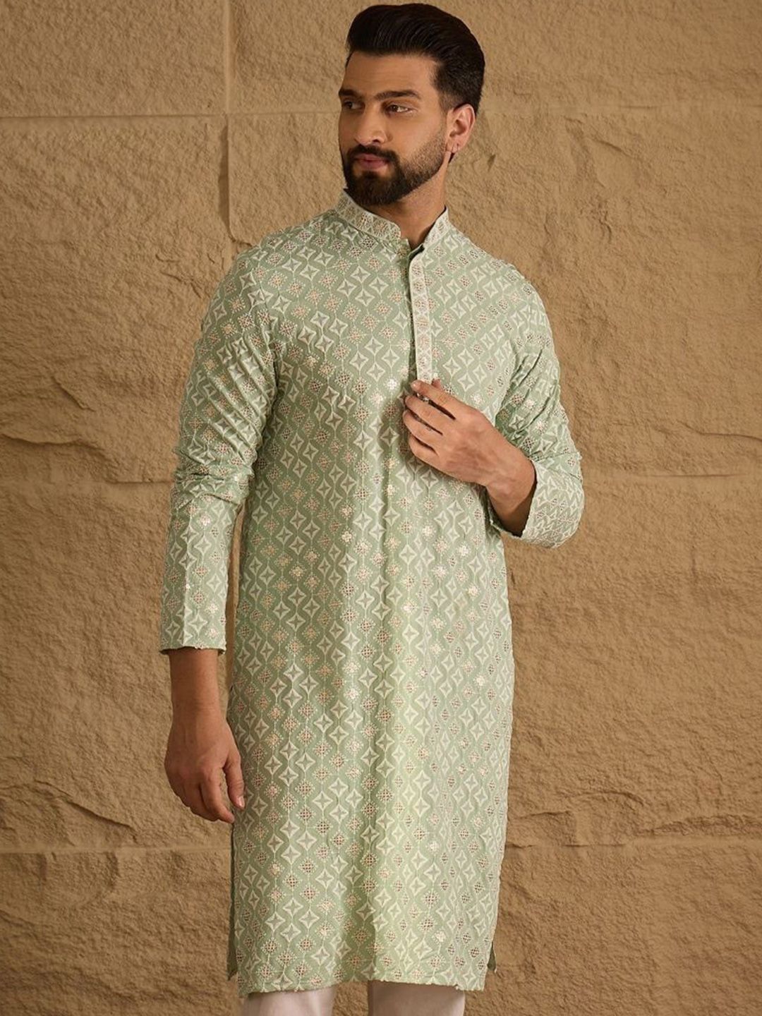 Men Green Viscose Rayon Solid Embroidered Straight Kurta With Pant Set-MKSET1238