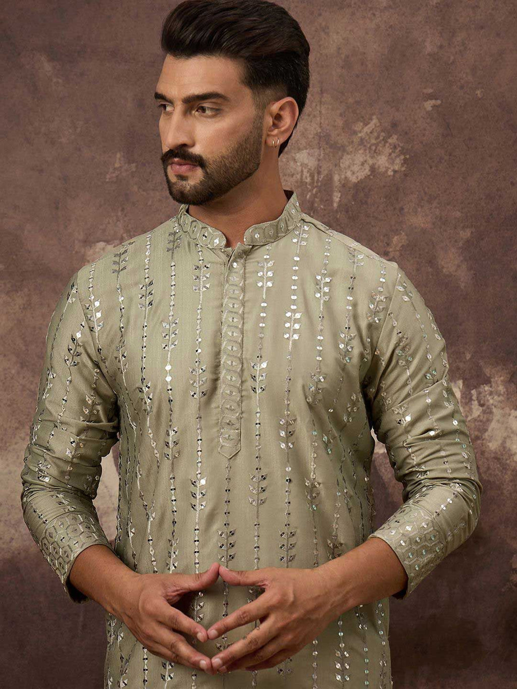 Men Green Silk Blend Solid Embroidered Straight Kurta With Pant Set-MKSET1356