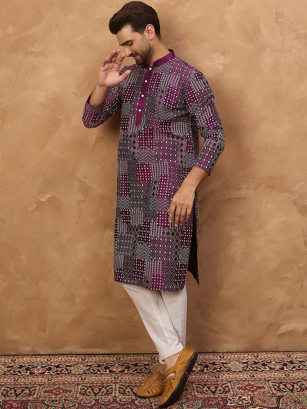 Men Purple Silk Blend Geometric Printed Straight Kurta With Pant Set-MKSET1529