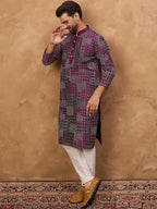 Men Purple Silk Blend Geometric Printed Straight Kurta With Pant Set-MKSET1529