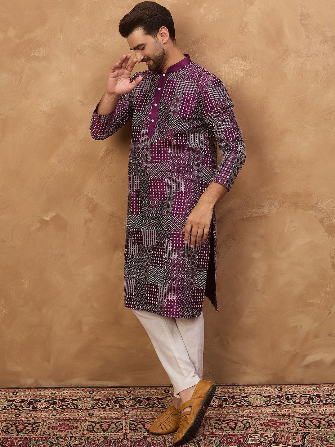 Men Purple Silk Blend Geometric Printed Straight Kurta With Pant Set-MKSET1529