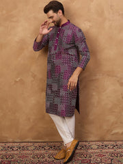 Men Purple Silk Blend Geometric Printed Straight Kurta With Pant Set-MKSET1529