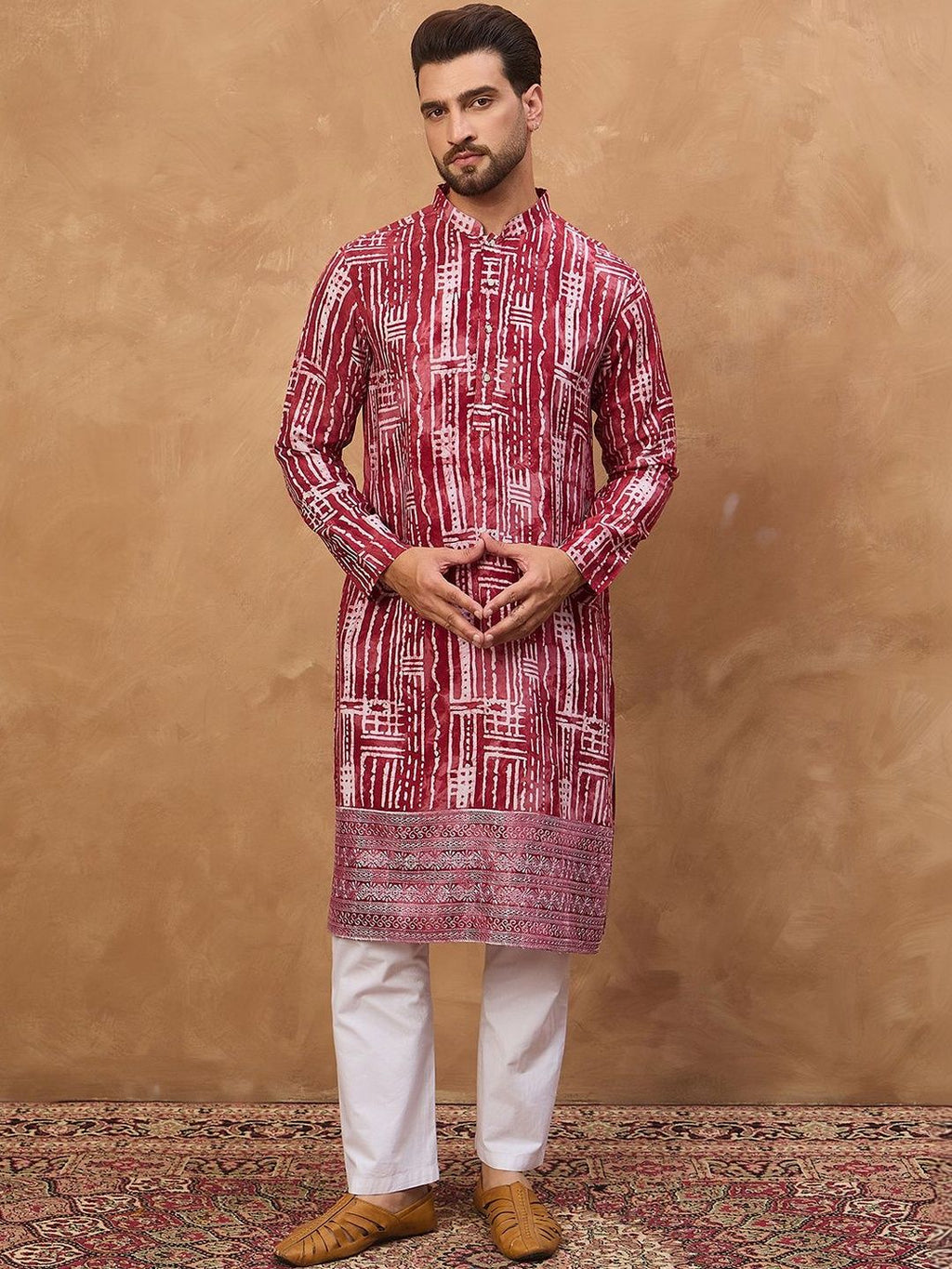 Men Red Viscose Rayon Batik Embroidered Straight Kurta With Pant Set-MKSET1499
