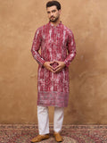 Men Red Viscose Rayon Batik Embroidered Straight Kurta With Pant Set-MKSET1499