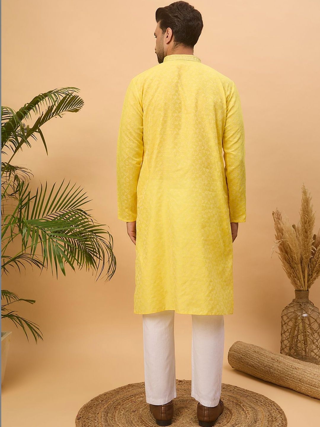 Men Yellow Silk Blend Solid Embroidered Straight Kurta With Pant Set-MKSET1455