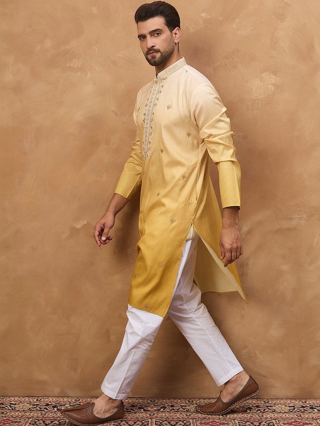 Men Yellow Silk Blend Solid Embroidered Straight Kurta With Pant Set-MKSET1486