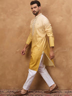 Men Yellow Silk Blend Solid Embroidered Straight Kurta With Pant Set-MKSET1486