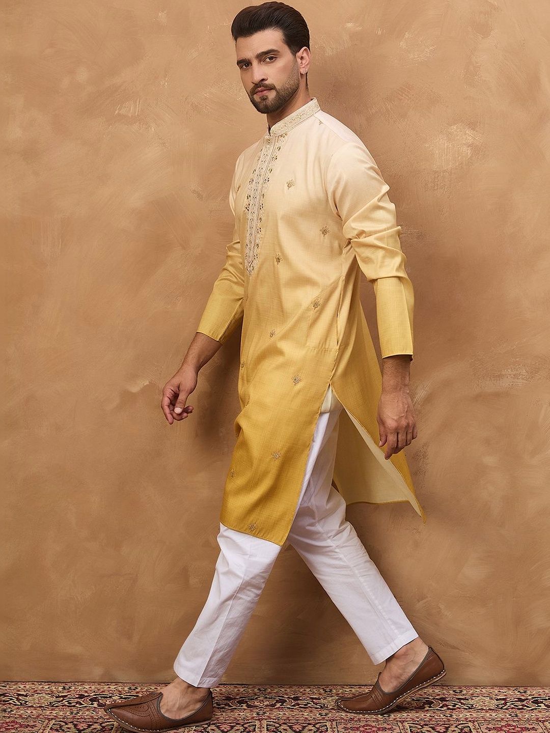 Men Yellow Silk Blend Solid Embroidered Straight Kurta With Pant Set-MKSET1486
