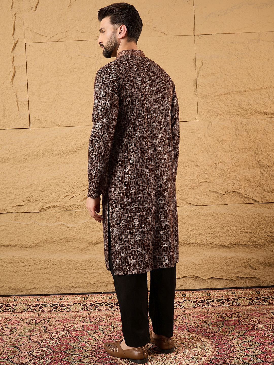 Mens Brown Viscose Rayon Ethnic Motifs Embroidered Chikankari Straight Kurta With Pant Set-MKSET1164