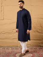 Men Blue Viscose Rayon Solid Embroidered Straight Kurta With Pant Set-MKSET1187