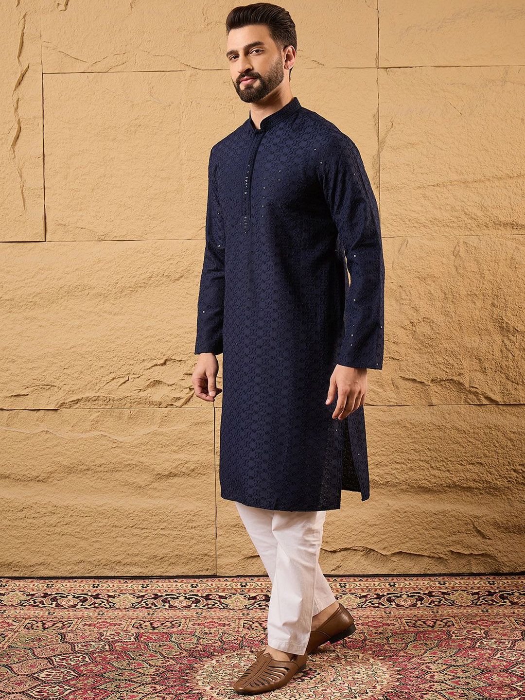 Men Blue Viscose Rayon Solid Embroidered Straight Kurta With Pant Set-MKSET1187