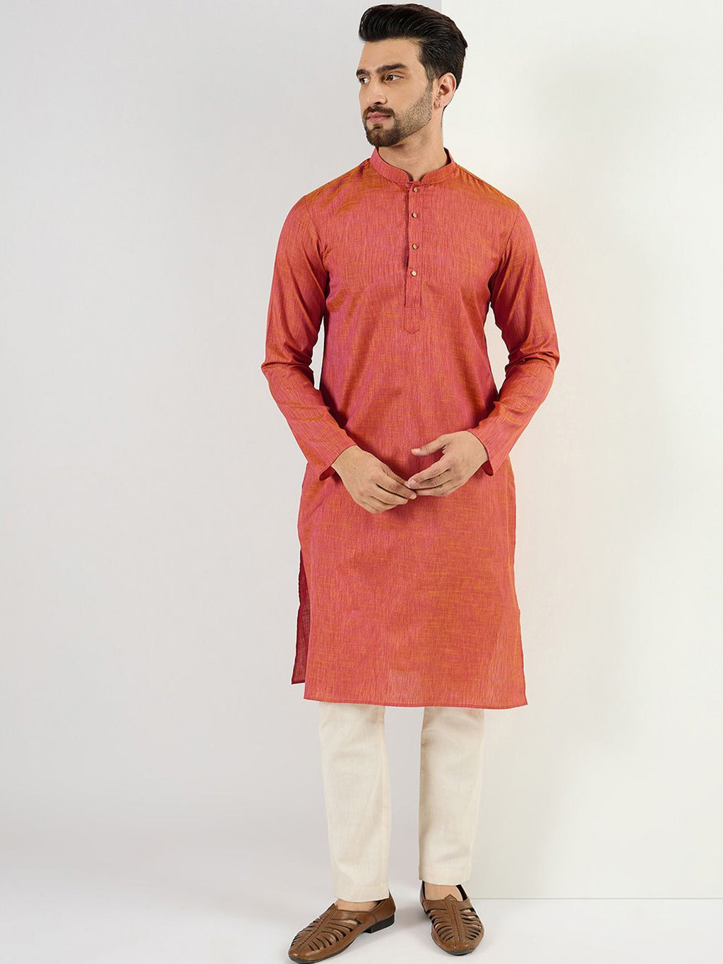 Men Orange Cotton Solid Woven Design Straight Kurta With Pant Set-MKSET1094