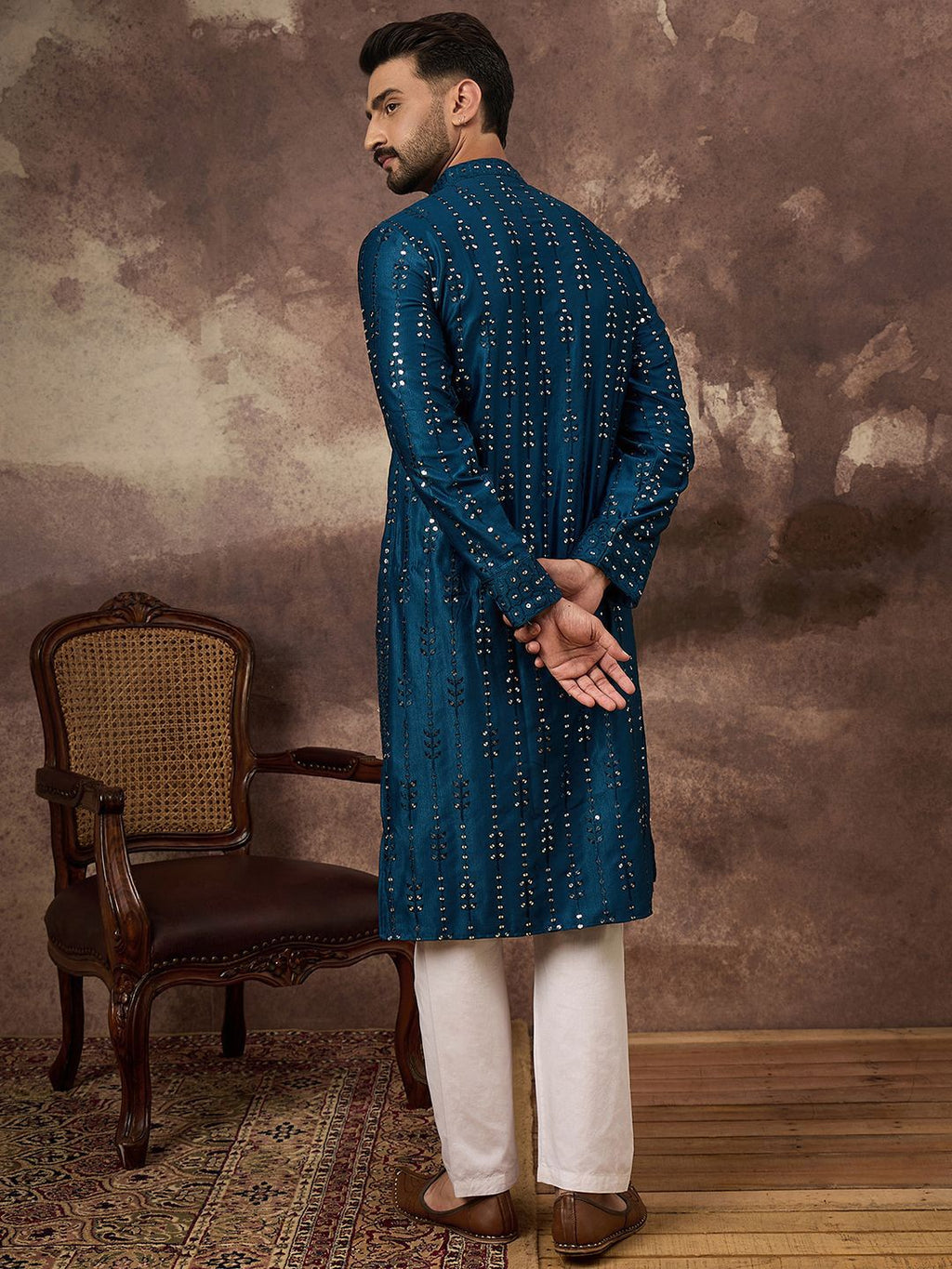 Men Blue Silk Blend Solid Embroidered Straight Kurta With Pant Set-MKSET1358