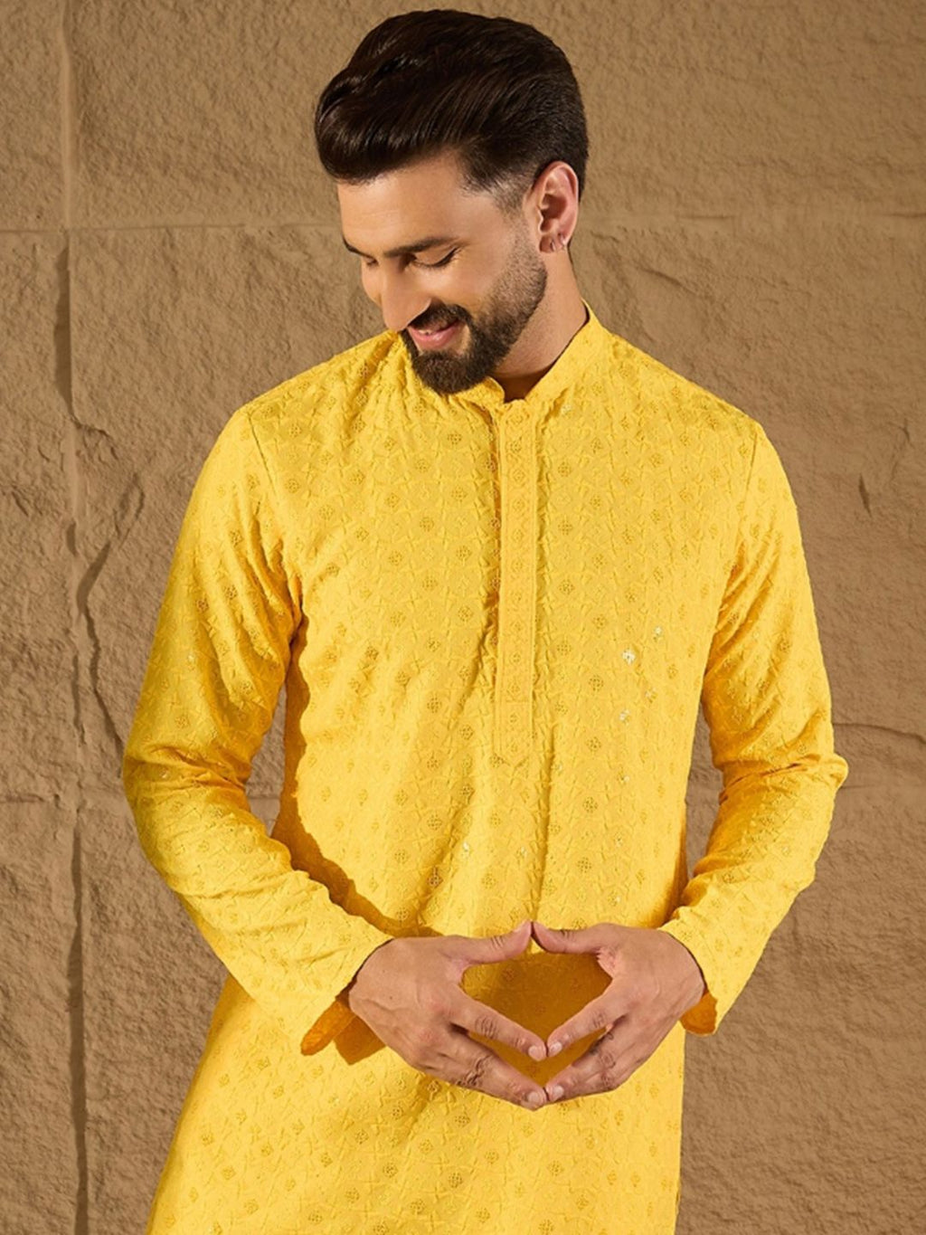 Men Yellow Viscose Rayon Solid Embroidered Straight Kurta With Pant Set-MKSET1222