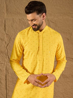 Men Yellow Viscose Rayon Solid Embroidered Straight Kurta With Pant Set-MKSET1222