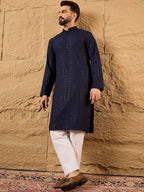Men Blue Viscose Rayon Solid Embroidered Straight Kurta With Pant Set-MKSET1187
