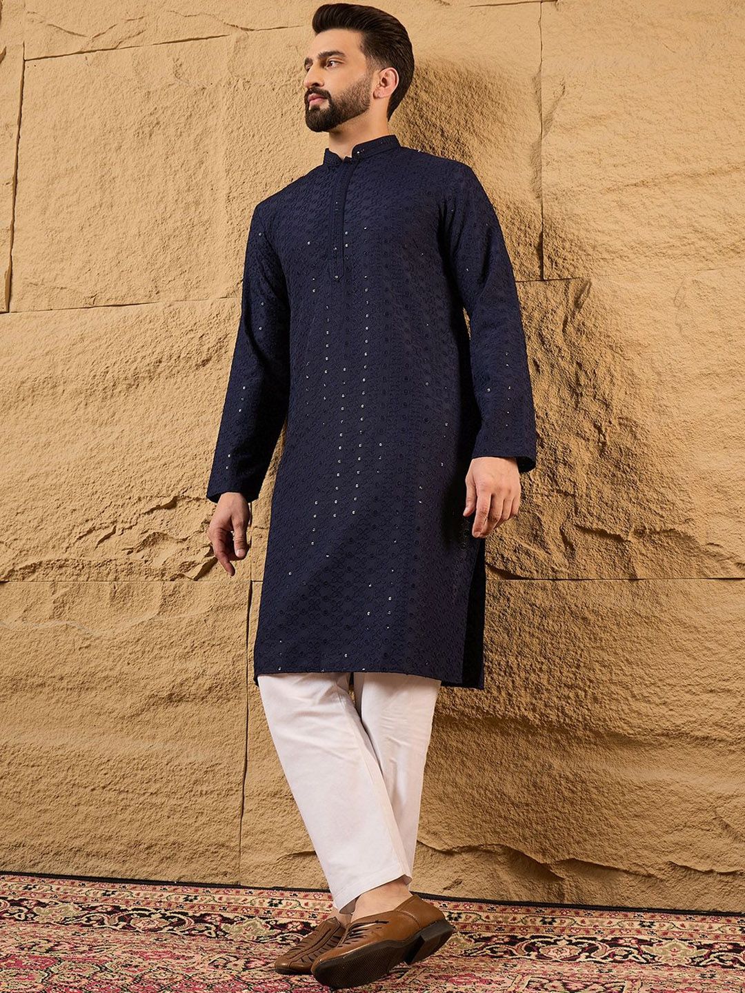 Men Blue Viscose Rayon Solid Embroidered Straight Kurta With Pant Set-MKSET1187