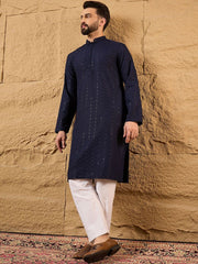 Men Blue Viscose Rayon Solid Embroidered Straight Kurta With Pant Set-MKSET1187